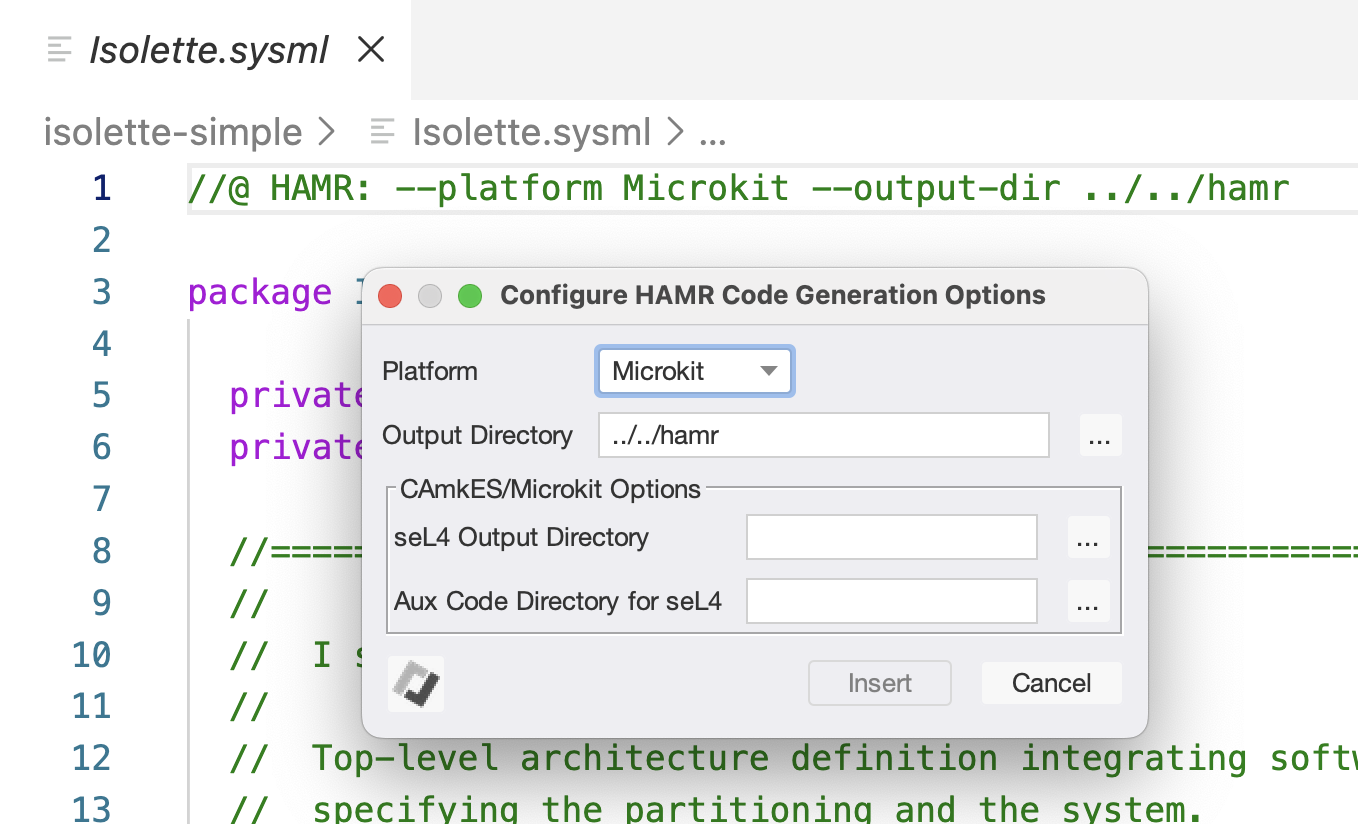 Command Palette HAMR SysML CodeGen Configurator platform options