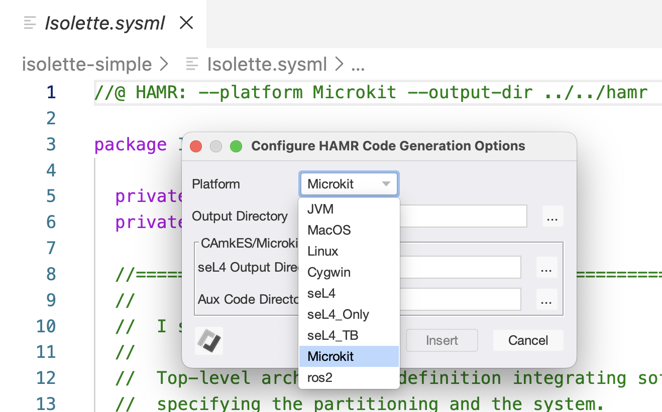 Command Palette HAMR SysML CodeGen Configurator platform selection